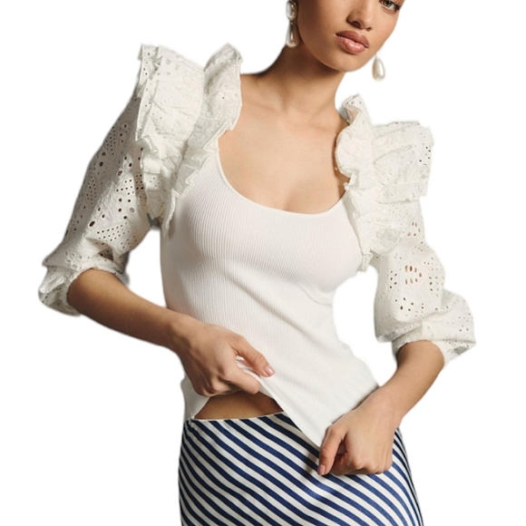 Anthropologie Tops - ANTHROPOLOGIE DOLAN Eyelet Ruffle-Sleeve White Sweater